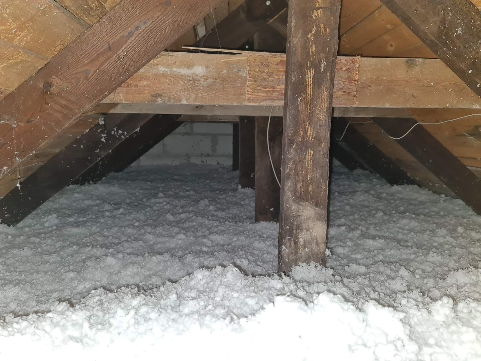 Poddasze z drewnianą konstrukcją i warstwą białej izolacji, widok z dołu, ukazujący strukturę materiału izolacyjnego i elementy więźby dachowej.