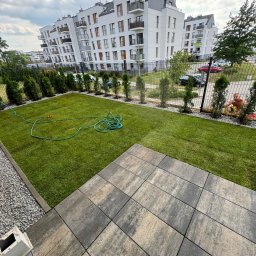 ALL-BRUK Alan Grzyb - Ułożona nawierzchnia z szarych płyt na tle trawnika z systemem nawadniania i zabudowy wielorodzinnej w tle.