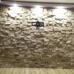 firma jednoosobowa - Ściana wyłożona dekoracyjnym kamieniem w salonie, z zamontowanym uchwytem na telewizor i widocznymi gniazdkami elektrycznymi u dołu, oświetlona od góry.