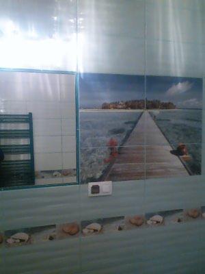 Wykończenie ściany łazienki z motywem morskiego krajobrazu na płytkach, dekoracyjny pas z motywem muszli, grzejnik drabinkowy po lewej.