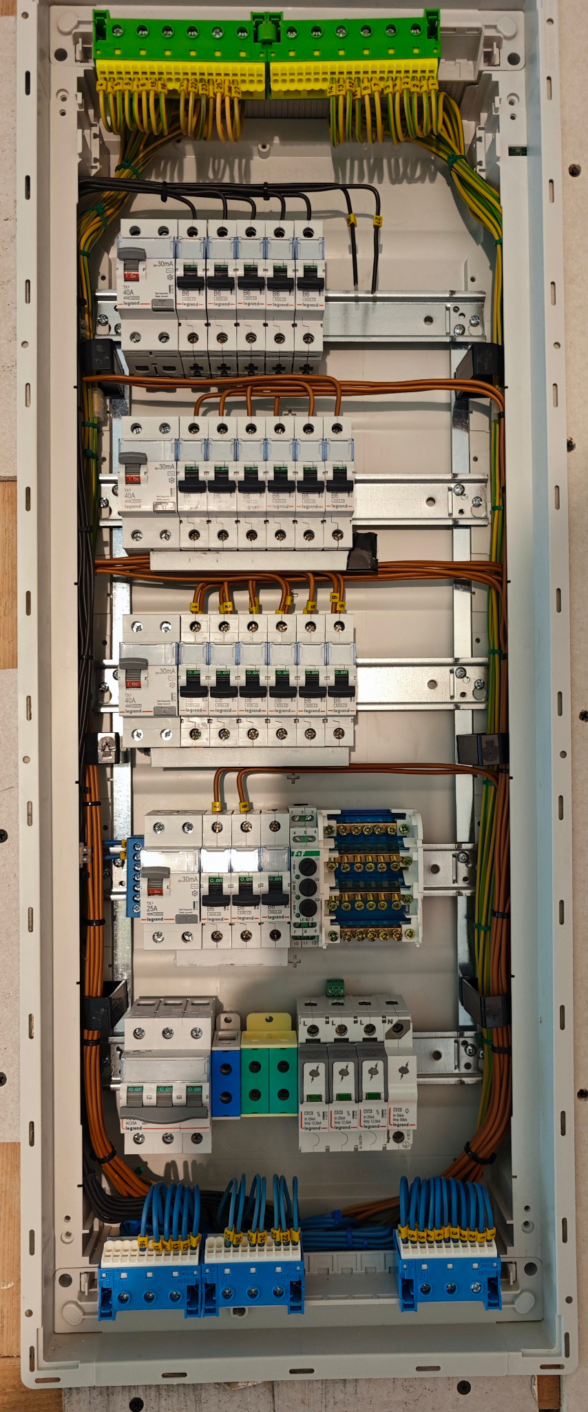 Rozdzielnica elektryczna z zamontowanymi bezpiecznikami Legrand, okablowaniem oznaczonym numerami i listwami zaciskowymi, widok z góry.