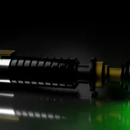 Rendered 3D model of a black and gold lightsaber with a glowing green blade, reflecting on a dark, glossy surface.