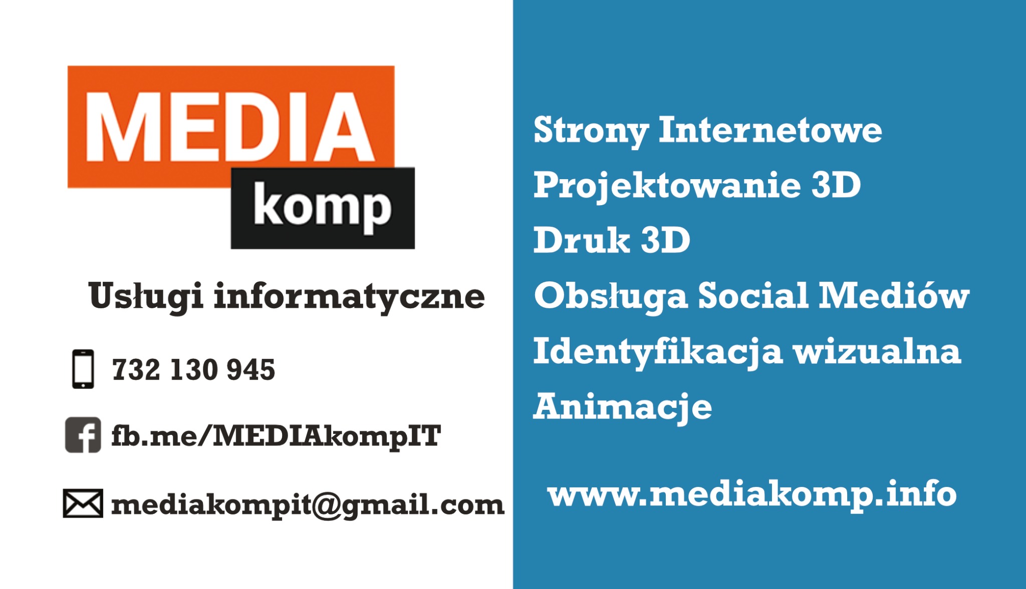Wizytówka firmy MEDIAkomp z Gołańczy, oferującej usługi informatyczne, w tym tworzenie stron internetowych, projektowanie 3D, druk 3D, obsługę social mediów, identyfikację wizualną i animacje.