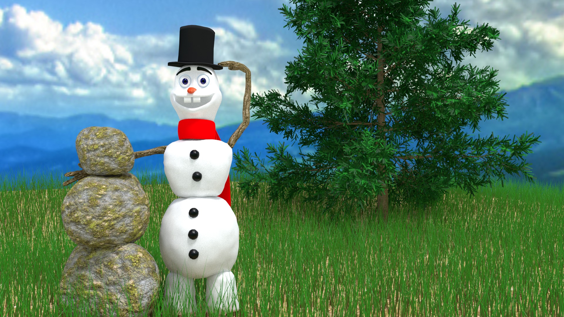 Uśmiechnięty, trójwymiarowy bałwan z cylindrem i czerwonym szalikiem, stojący obok bałwana z kamieni na tle zielonej trawy, drzewa i gór.