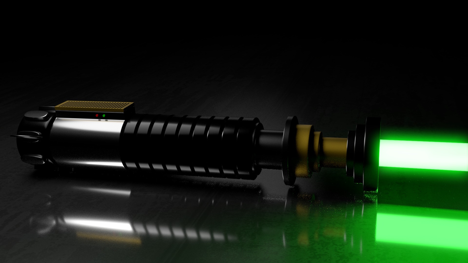 Rendered 3D model of a black and gold lightsaber with a glowing green blade, reflecting on a dark, glossy surface.