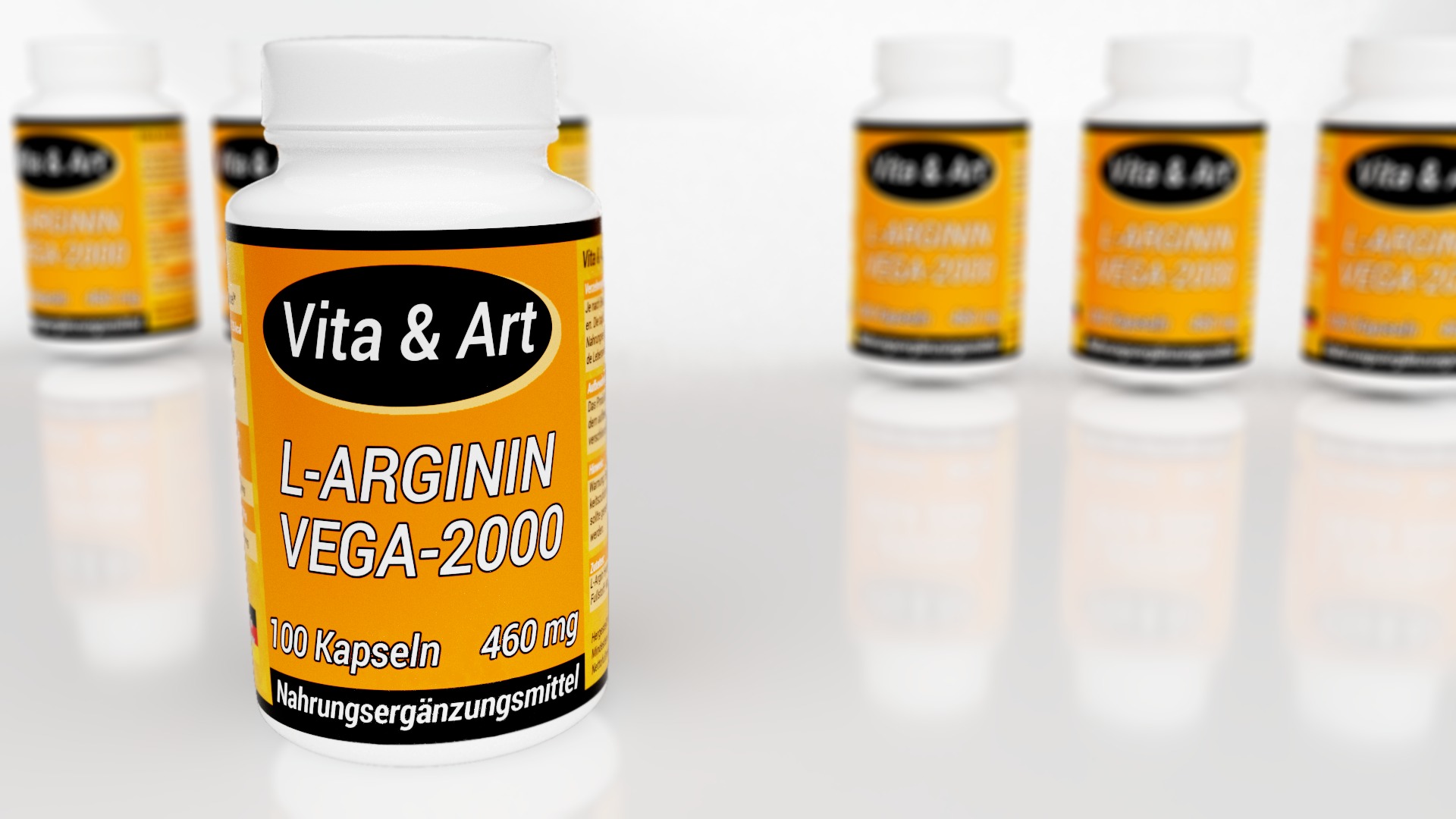 Grafika 3D przedstawiająca kilka białych plastikowych pojemników z suplementem diety L-Arginin Vega-2000 z żółtą etykietą 'Vita & Art' na błyszczącym tle.
