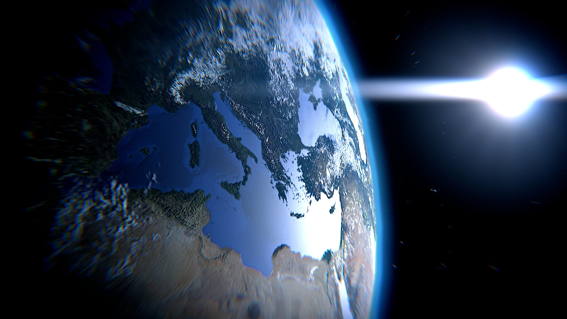 Cyfrowo wygenerowana wizualizacja Ziemi z przestrzeni kosmicznej, z widocznymi kontynentami Europy i Afryki, oświetlona intensywnym światłem słonecznym.