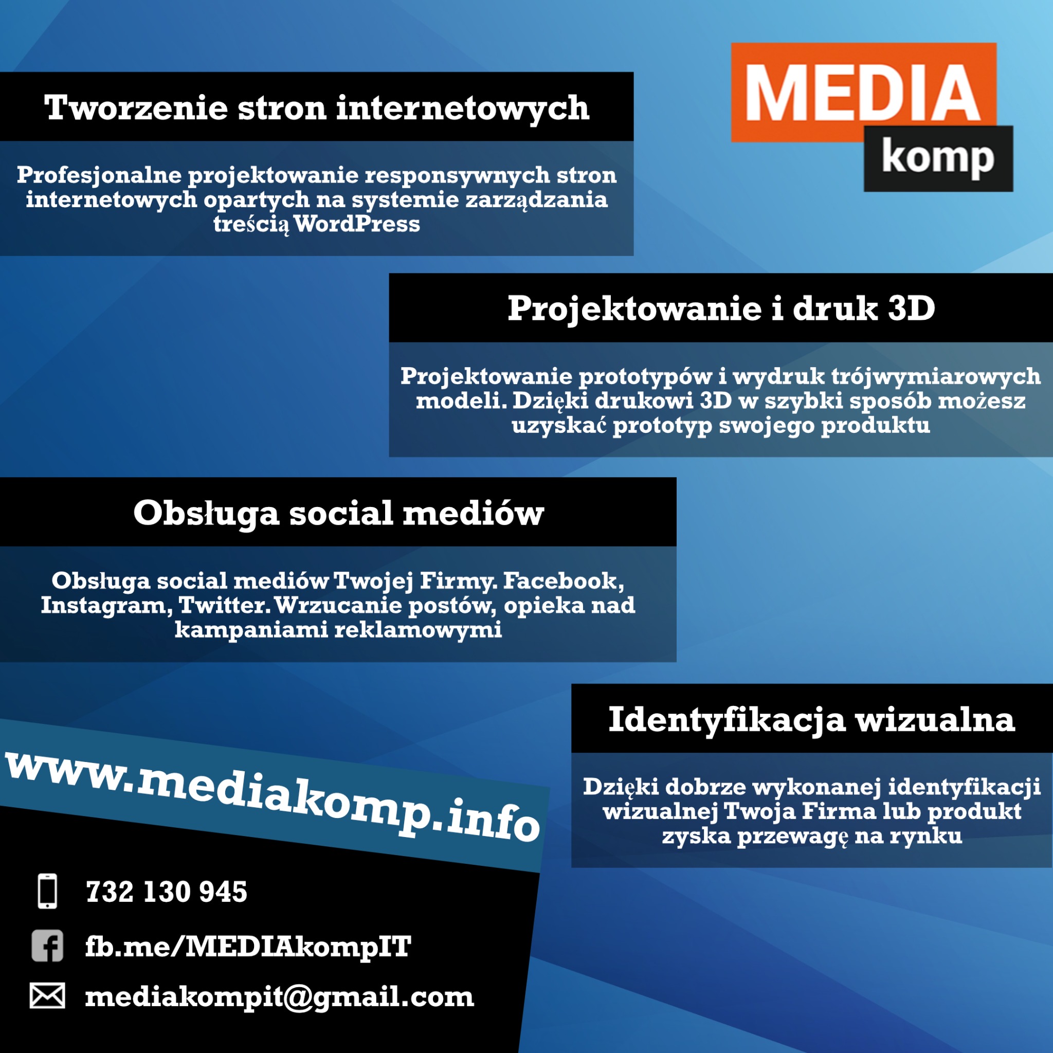 Grafika reklamowa firmy Media Komp prezentująca usługi: tworzenie stron internetowych opartych na WordPress, projektowanie i druk 3D, obsługa social mediów oraz identyfikacja wizualna.