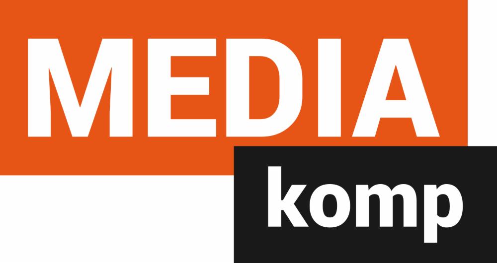 Logo firmy 'MEDIA komp' z białym napisem 'MEDIA' na pomarańczowym tle i 'komp' na czarnym tle, umieszczone obok siebie.