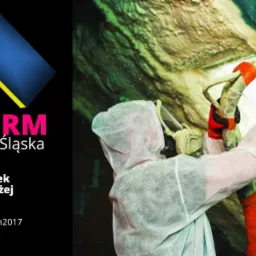 Pracownik w kombinezonie ochronnym aplikuje piankę natryskową na ścianę, widoczny wąż doprowadzający materiał i pistolet natryskowy, w tle logo firmy Pro-Term.