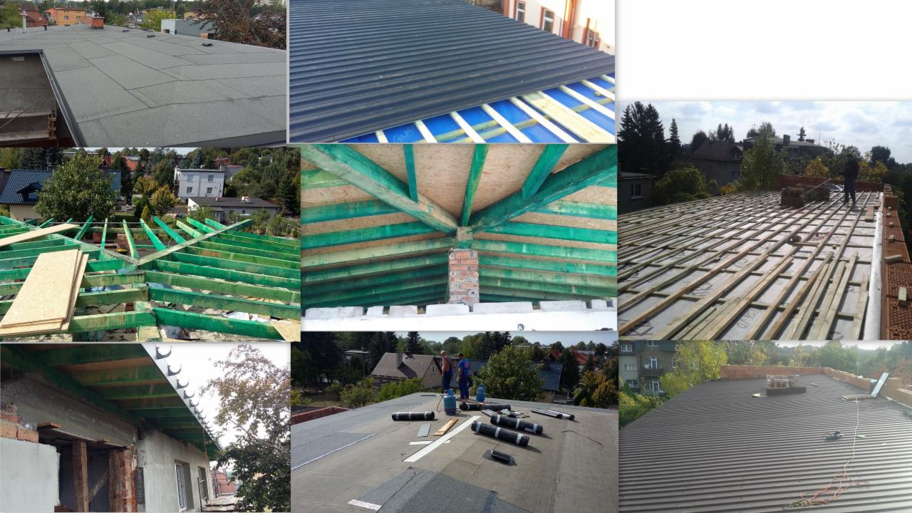 Kompozycja zdjęć przedstawiających różne etapy budowy dachu: od drewnianej konstrukcji, przez układanie izolacji, po krycie blachą i papą termozgrzewalną.
