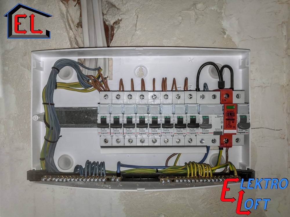 Otwarta skrzynka elektryczna z zamontowanymi bezpiecznikami Legrand i przewodami, widoczna w surowym stanie ściana w tle.