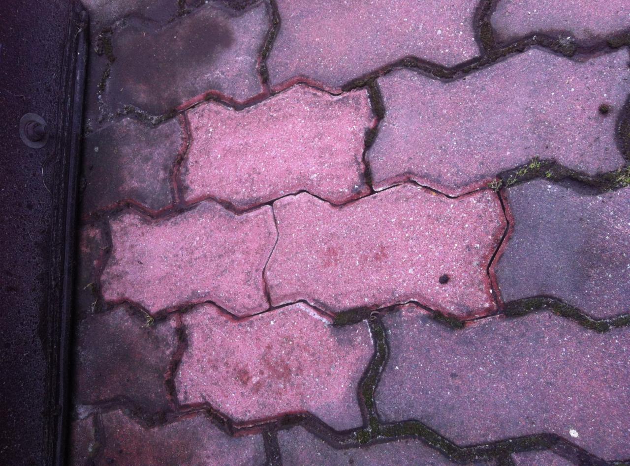 Czerwona kostka brukowa ułożona w zygzak, miejscami zabrudzona i porośnięta mchem, z widoczną szczeliną na jednej z kostek.