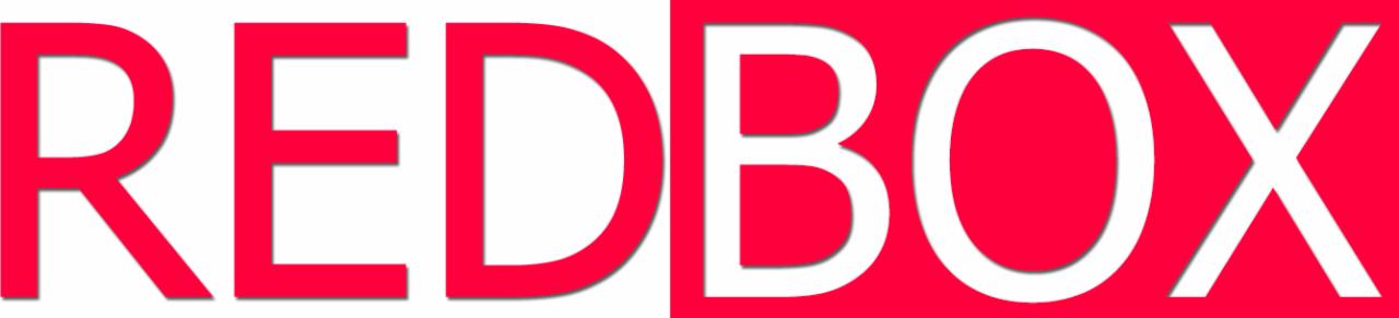 Czerwony napis REDBOX z wyraźnym cieniem, litery częściowo wypełnione bielą.
