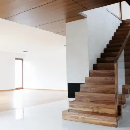 Nowoczesne schody z drewna egzotycznego z balustradą ze szkła hartowanego, widoczne z dołu, w tle jasne pomieszczenie z drewnianą podłogą i sufitem.