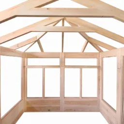 Surowa konstrukcja drewniana altany z widocznym szkieletem dachu i ścian, przygotowana do dalszej obróbki.