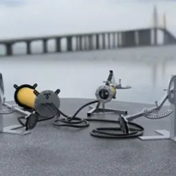 Trzy srebrne, metalowe konstrukcje z czarnymi kablami i żółtymi elementami na szarym tle. W tle widoczny most na wodzie.