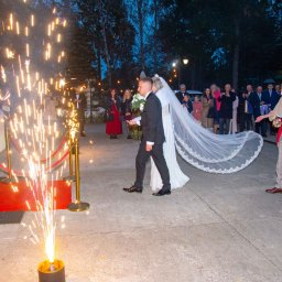 Zbigniew Płotka - e-foto-art - Para młoda opuszcza budynek w blasku fontann iskier, otoczona gośćmi. Długi welon panny młodej, czerwony dywan i złote słupki tworzą uroczystą atmosferę.