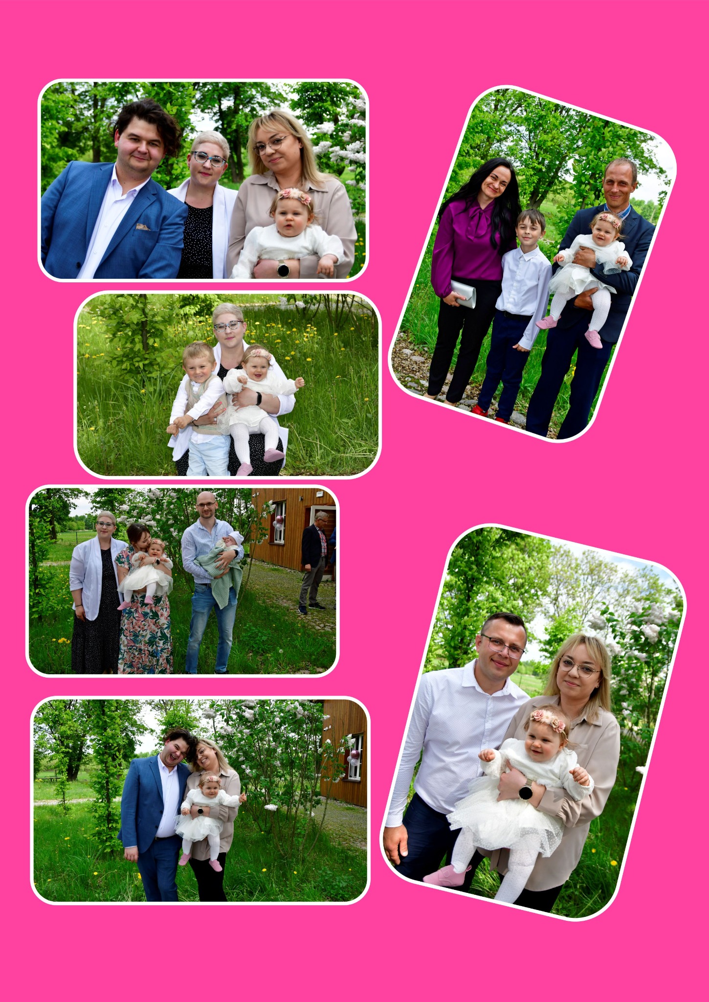 Kolaż z sesji rodzinnej: ujęcia grupowe z małą dziewczynką w białej sukience i kwiatowej opasce, wykonane w plenerze, na tle zieleni i kwitnących krzewów.