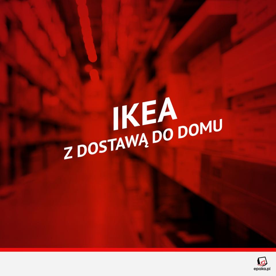 IKEA z dostawą do domu, logo na tle magazynu z półkami wypełnionymi kartonami, widoczne logo epaka.pl w prawym dolnym rogu.