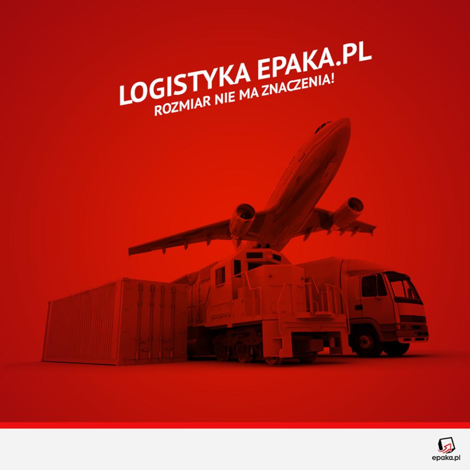 Stylizowana grafika logistyczna na czerwonym tle: samolot nad lokomotywą, obok kontener i ciężarówka, z hasłem 'Logistyka Epaka.pl - Rozmiar nie ma znaczenia!'