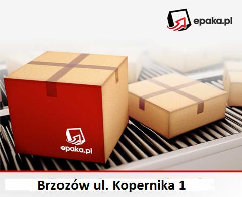 Dwie paczki na taśmie transportowej, jedna czerwona z logo epaka.pl, druga kartonowa, w tle logo epaka.pl i adres Brzozów ul. Kopernika 1.