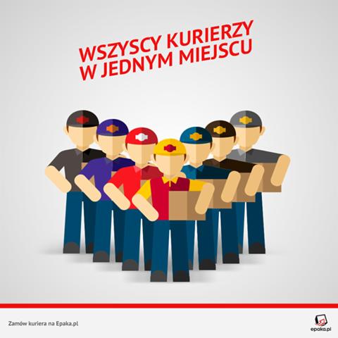 Ilustracja przedstawiająca grupę stylizowanych kurierów trzymających paczki, z napisem 'Wszyscy kurierzy w jednym miejscu' i logo epaka.pl.