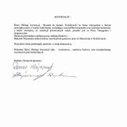 Skan referencji dla Biura Obsługi Inwestycji Ryszard de Janauis Święćkowski, potwierdzających wiarygodność i doświadczenie w branży budowlanej, z opinią o współpracy przy budowie budynku...