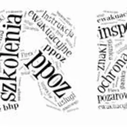 Grafika słowna układająca się w napis FIREX, z poszczególnych liter utworzonych z mniejszych słów związanych z bezpieczeństwem, ppoż i szkoleniami.