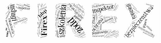 Grafika słowna układająca się w napis FIREX, z poszczególnych liter utworzonych z mniejszych słów związanych z bezpieczeństwem, ppoż i szkoleniami.