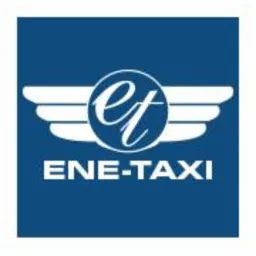 Niebieskie logo firmy ENE-TAXI z symbolem skrzydeł nad nazwą.