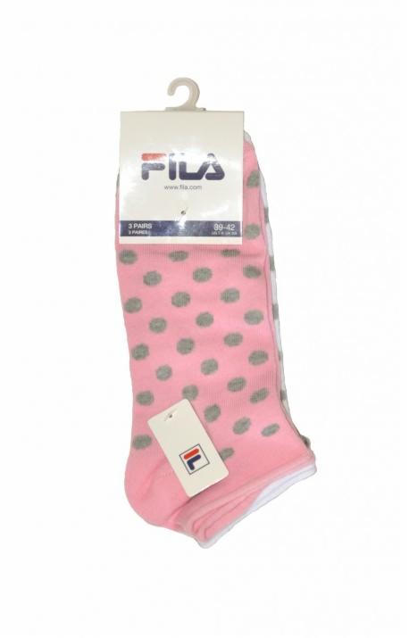 Różowe skarpetki damskie Fila w szare kropki, zapakowane po trzy pary, z widocznym kartonowym opakowaniem i metką.