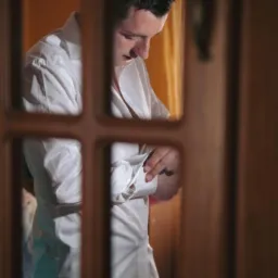 Mężczyzna w białej koszuli zapinający mankiety, widoczny przez drewniane ramy drzwi z szybkami.