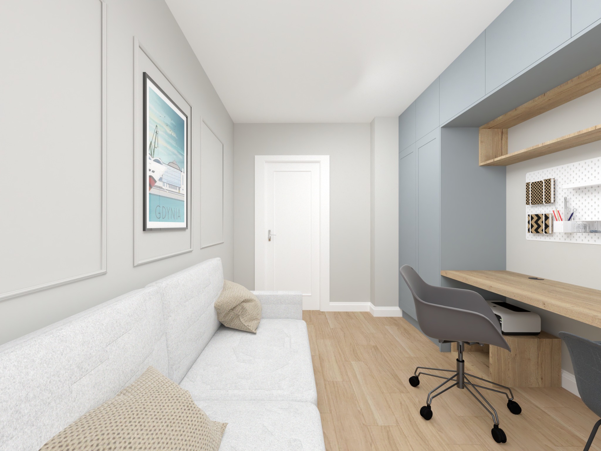 Wizualizacja gabinetu z sofą, biurkiem z drewnianym blatem, szarą szafą w zabudowie i plakatem z motywem Gdyni na ścianie.
