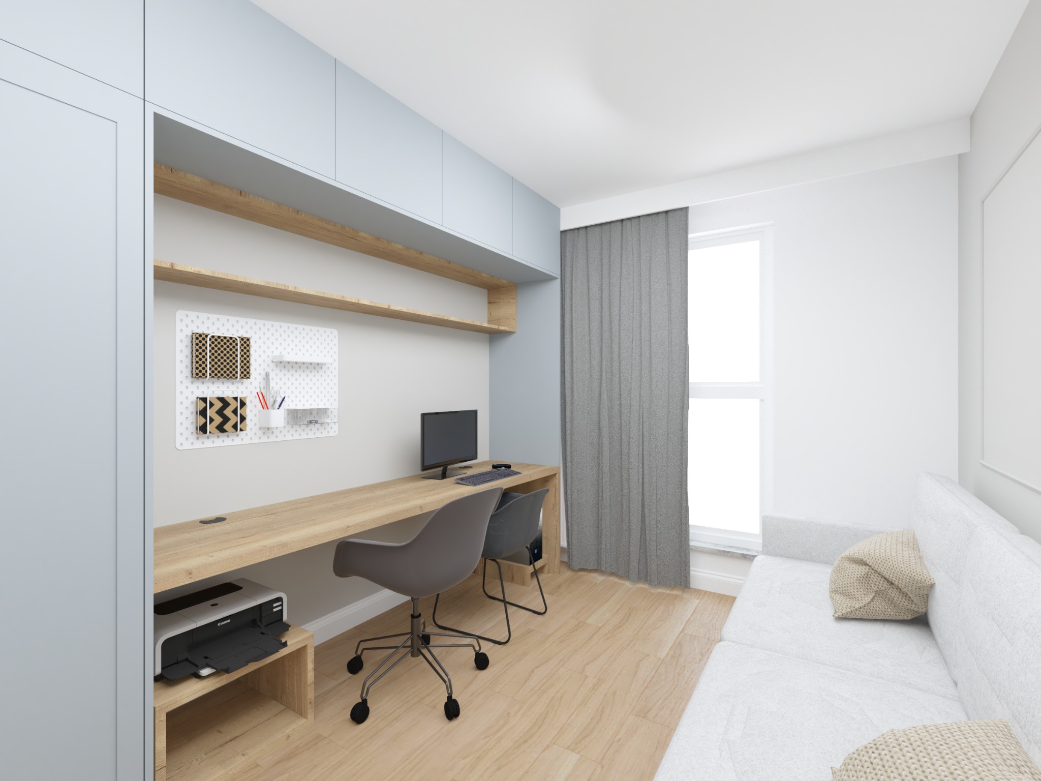 Nowoczesny gabinet z drewnianym biurkiem, szarą tapetą, regałem nad biurkiem, drukarką Canon i wygodną sofą z poduszkami.