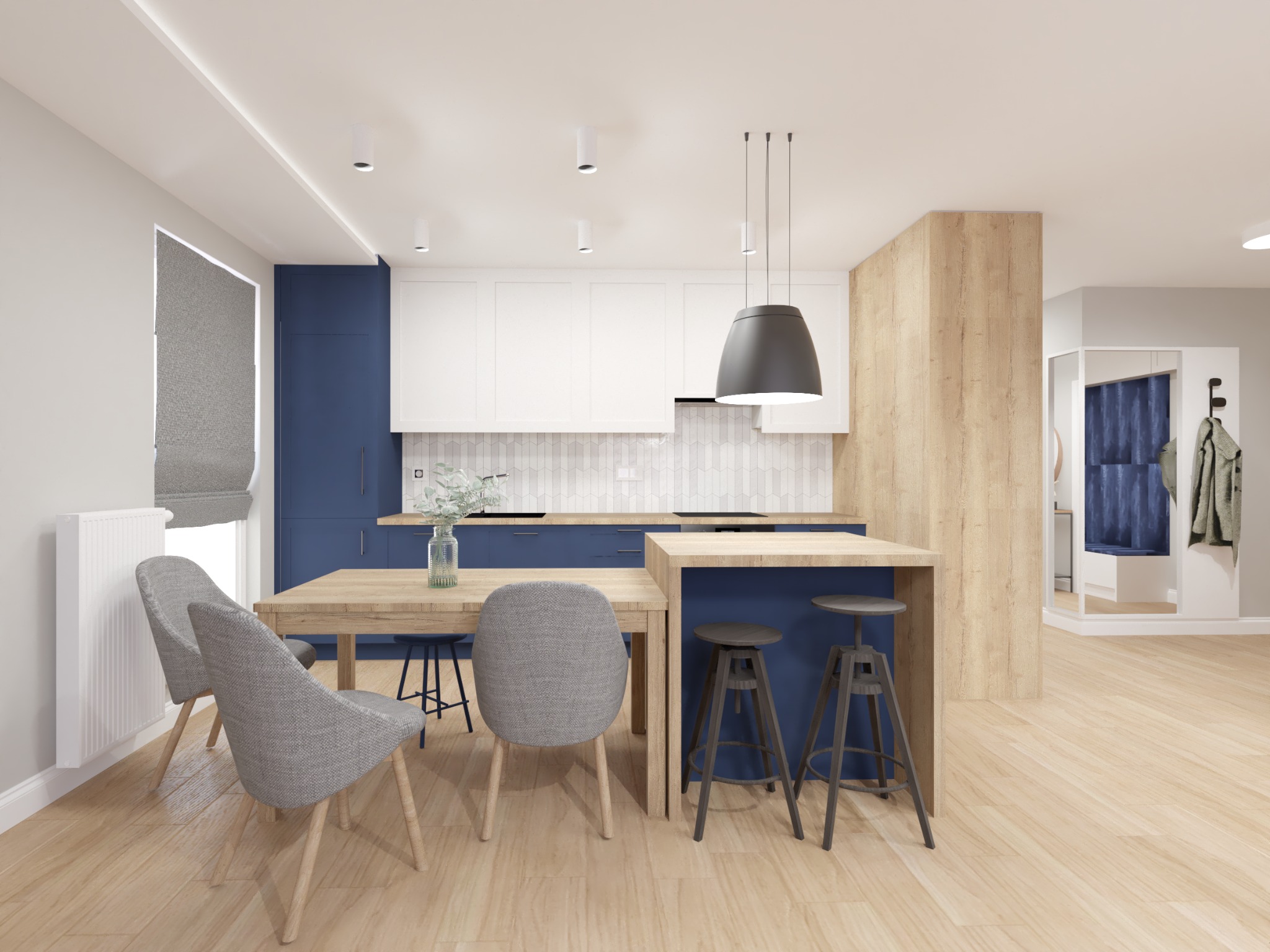 Nowoczesny salon z kuchnią: drewniany stół z szarymi krzesłami, wyspa kuchenna z hokerami, białe szafki z niebieskimi akcentami, marmurowe płytki na ścianie, wisząca lampa i drewniana podłoga.