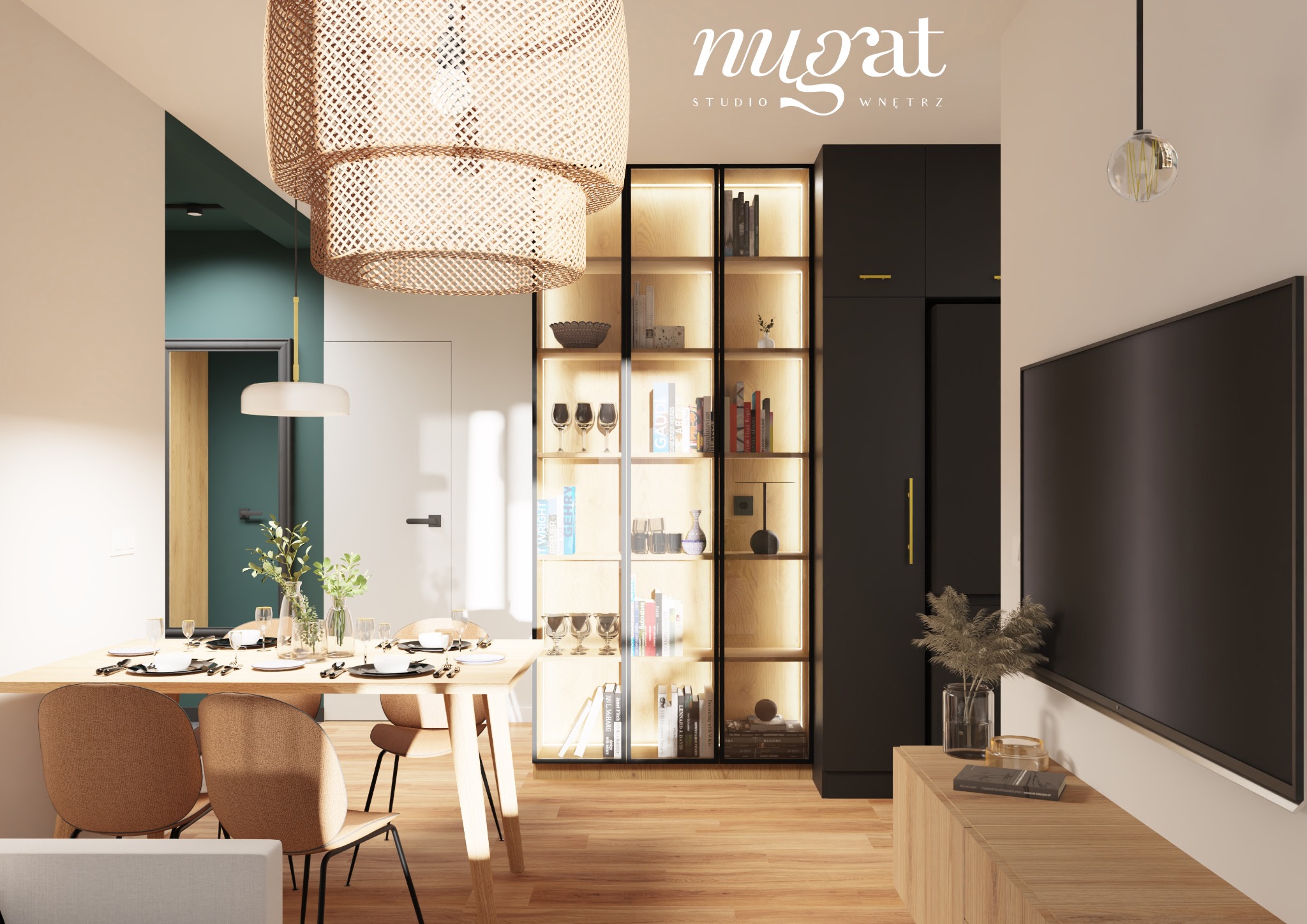 Jadalnia w nowoczesnym stylu z drewnianym stołem nakrytym dla kilku osób, rattanowy żyrandol, podświetlana szklana witryna z książkami i dekoracjami oraz czarna szafa w tle.