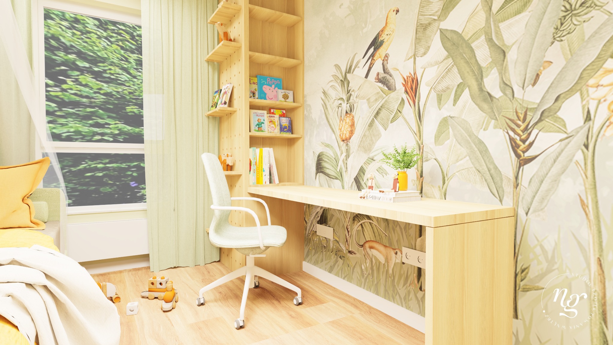 Jasny pokój dziecka z biurkiem, regałem na książki i tapetą w tropikalne liście, uzupełniony o drewniane zabawki na podłodze.