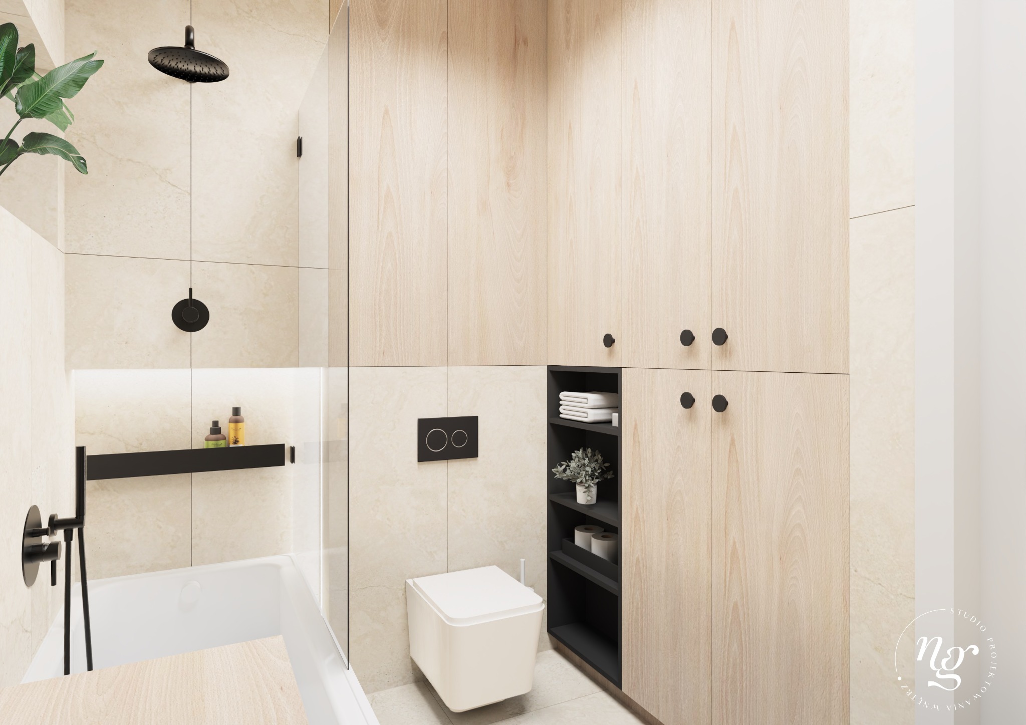 Nowoczesna łazienka z beżowymi płytkami, kabiną prysznicową z czarną armaturą, podwieszaną toaletą i szafką z jasnego drewna z czarnymi uchwytami oraz otwartymi półkami.