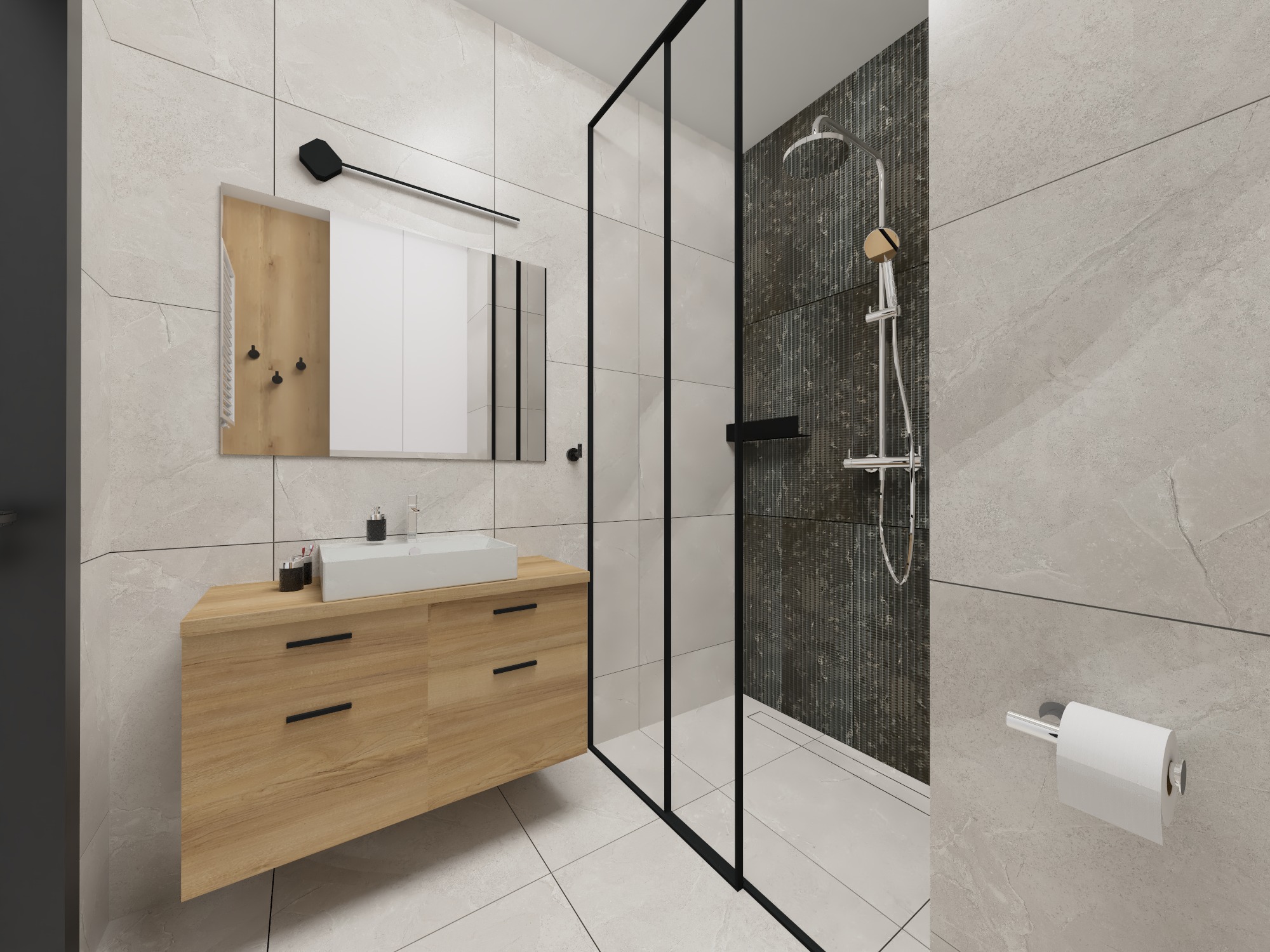 Nowoczesna łazienka z drewnianą szafką pod umywalką, kabiną prysznicową typu walk-in z czarnymi ramami i szarymi płytkami imitującymi kamień na ścianach.