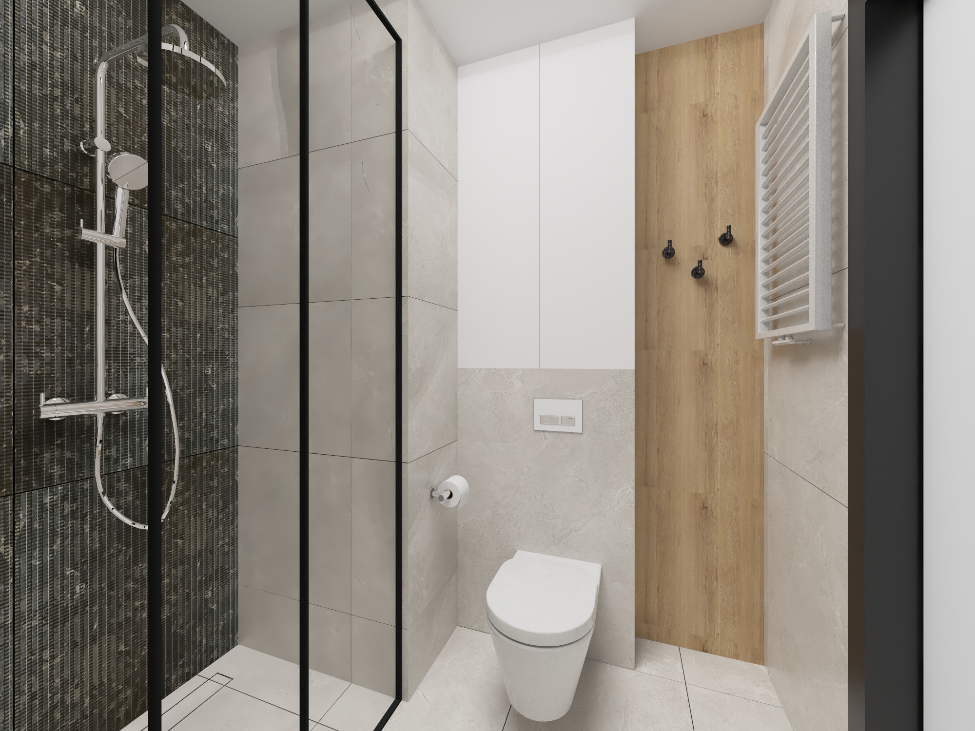 Nowoczesna łazienka z kabiną prysznicową typu walk-in z ciemnymi, strukturalnymi płytkami, umywalką wiszącą i grzejnikiem drabinkowym na tle drewnianej okładziny.