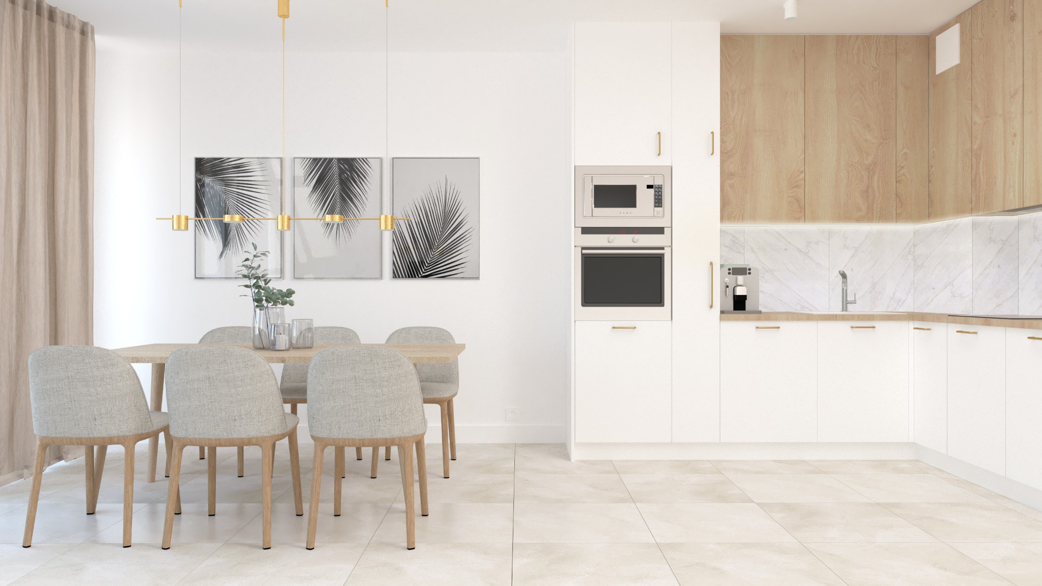 Jasny salon z aneksem kuchennym: stół z sześcioma krzesłami, nad nim złoty, liniowy żyrandol, na ścianie trzy grafiki z motywem liści palmowych, białe szafki kuchenne z drewnianymi frontami u góry,...