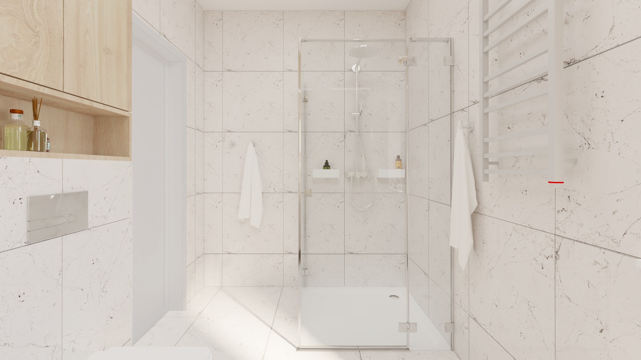 Jasna łazienka z kabiną prysznicową typu walk-in, marmurowe płytki na ścianach i podłodze, drewniana szafka z otwartą półką na kosmetyki, biały grzejnik drabinkowy i wiszący ręcznik.