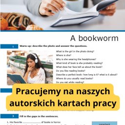 LinguaVision Edukacja & Języki - Fragment strony z ćwiczeniami do nauki języka angielskiego, zawierający pytania do opisu zdjęcia dziewczyny czytającej książkę na tle łodzi.