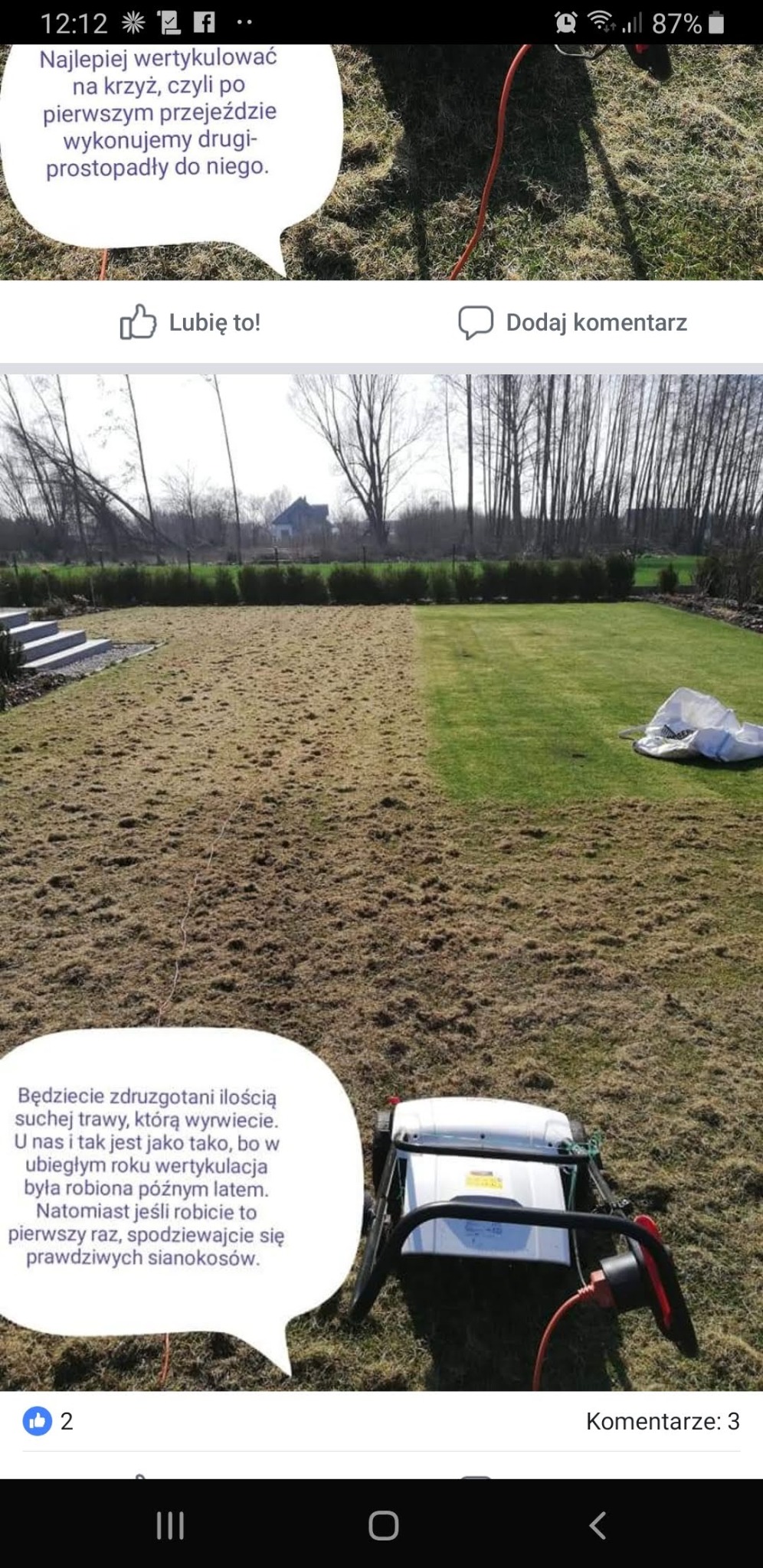 Wertykulacja trawnika: połowa trawnika po zabiegu, widoczna maszyna do wertykulacji, w tle drzewa i dom.