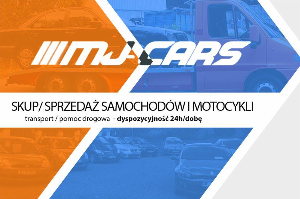 Grafika reklamowa firmy IMJ CARS zajmującej się skupem i sprzedażą samochodów i motocykli, z transportem i pomocą drogową dostępną 24h na dobę. Na pierwszym planie samochody osobowe, na drugim...
