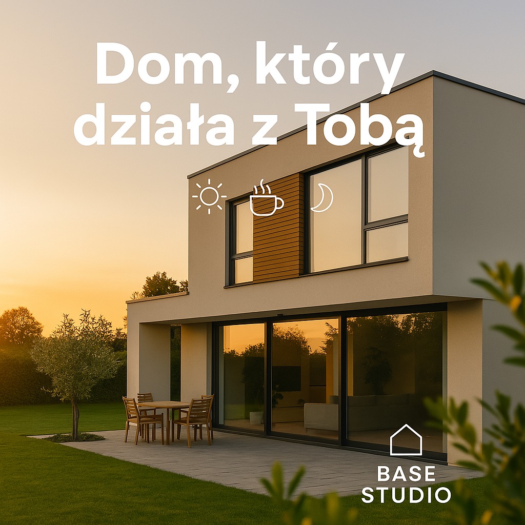 Nowoczesny dom z dużymi oknami i tarasem, na którym stoi drewniany stół z krzesłami; widoczny zadbany trawnik i drzewo; na elewacji domu graficzne symbole słońca, filiżanki i księżyca.