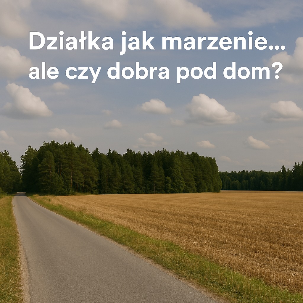 Działka budowlana z widokiem na las i drogą dojazdową pod błękitnym niebem z chmurami, z pytaniem 'Działka jak marzenie... ale czy dobra pod dom?'