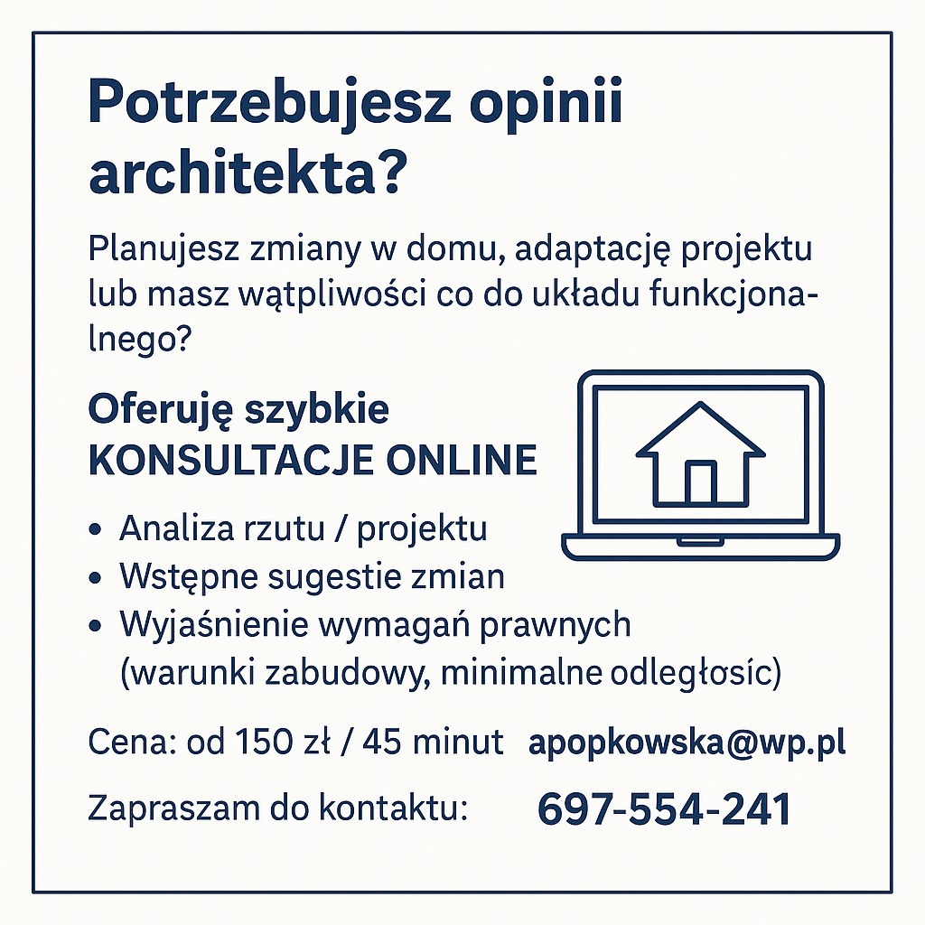 Grafika reklamowa oferująca konsultacje architektoniczne online, obejmujące analizę rzutu, wstępne sugestie zmian i wyjaśnienie wymagań prawnych, z ikoną domu na ekranie laptopa, adresem e-mail...