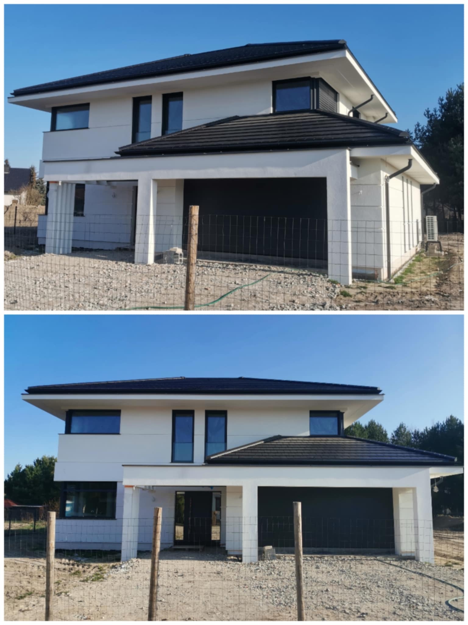 Dwukondygnacyjny dom z płaskim dachem i garażem w trakcie budowy, widoczne elementy konstrukcyjne i ogrodzenie tymczasowe.